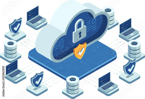Isometric Cloud Security Concept with Data Protection Elements