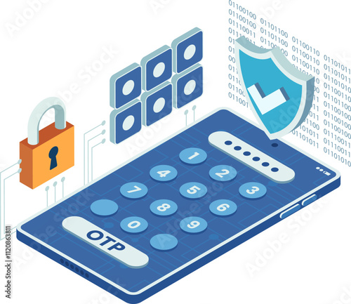 Isometric Smartphone with OTP Security and Digital Encryption