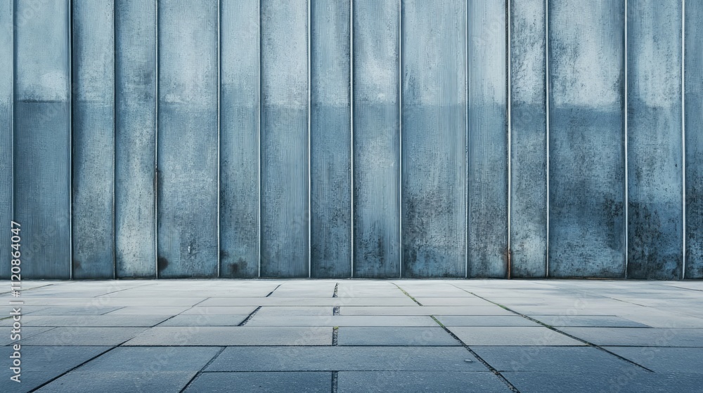 Metal wall with textured surface and gray tiled sidewalk urban background for industrial design or architectural concepts Metal wall with textured surface and gray tiled sidewalk urban background for industrial design or architectural concepts