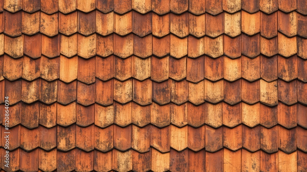 Textured orange brown shingles on a rustic house roof showcasing craftsmanship in rural real estate design and construction. Textured orange brown shingles on a rustic house roof showcasing craftsmanship in rural real estate design and construction.