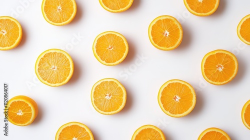 Freshly sliced oranges with vibrant orange sacs arranged on a clean white background, ideal for food photography, culinary use, healthy lifestyle, fruit display. photo