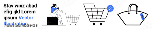 Person sitting with shopping cart, shopping cart with three items, handbag with price tag. Ideal for e-commerce, shopping apps, retail stores, online markets, digital ads, marketing materials