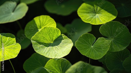 Vibrant green tropical leaves creating a lush natural background with intricate textures and varying shades of green. photo