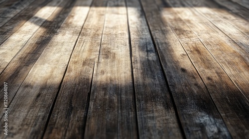 Weathered wooden floorboards in a warehouse setting, featuring grain patterns, shadows, and natural imperfections, ideal for rustic, vintage, or industrial themes, texture, wood, interior design.