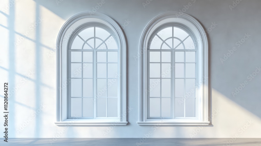 Fototapeta premium Vintage double arched windows mockup showcasing empty frames against a textured wall highlighting classic architectural design elements