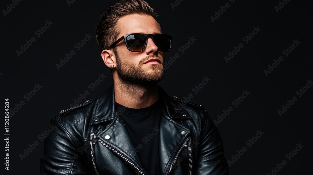 Obraz premium Stylish young man in sunglasses and leather jacket posing confidently against a dark background showcasing contemporary men's fashion trends