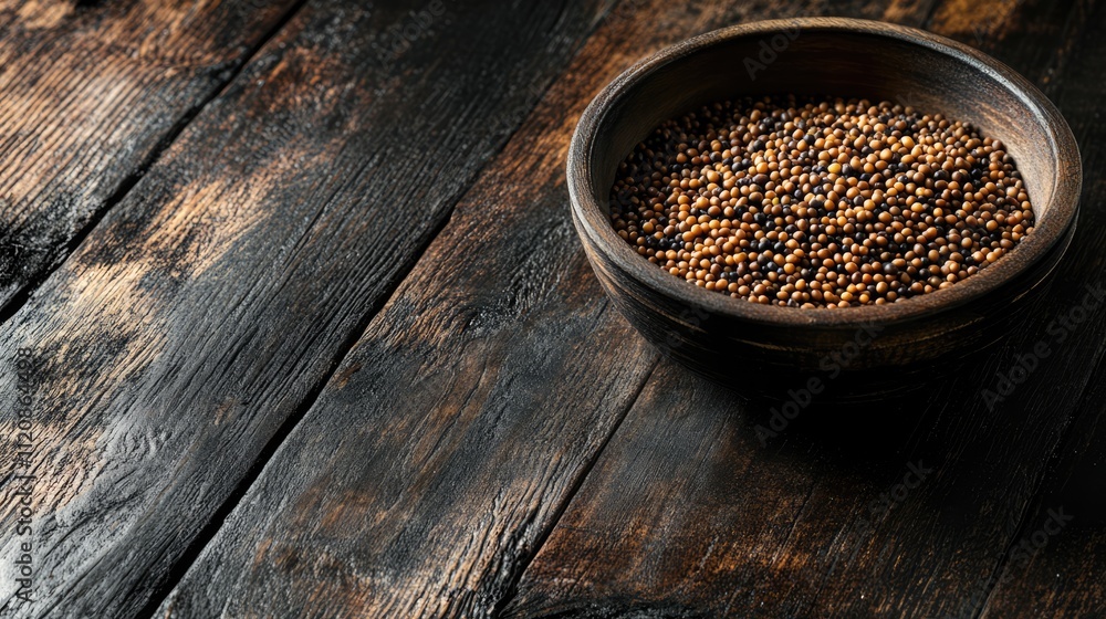 Bowl of mustard seeds on rustic wooden background showcasing culinary ingredients and natural textures Bowl of mustard seeds on rustic wooden background showcasing culinary ingredients and natural textures