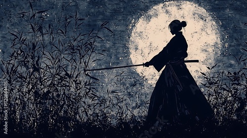 Wallpaper Mural Silhouetted Samurai Woman with Katana Under a Full Moon. Torontodigital.ca