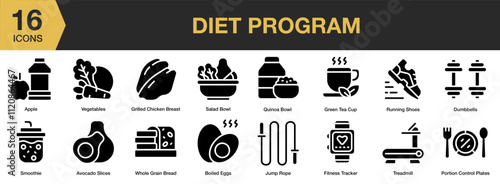 Diet Program solid icon set. Includes diet, nutrition, weight, healthy, program, food, and More. Solid icons vector collection.