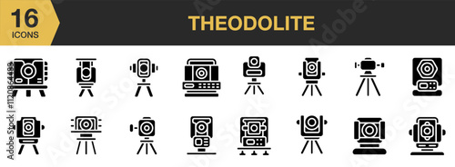 Theodolite solid icon set. Includes Civil, Engineer, Instrument, Measurement, Theodolite, and More. Solid icons vector collection.