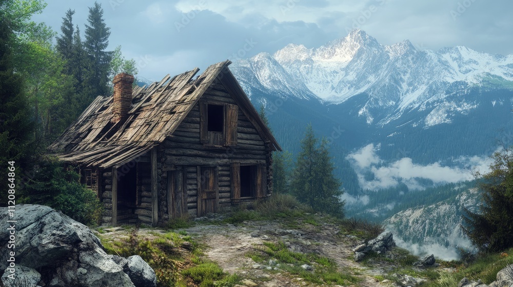 Abandoned wooden cabin in the mountains with scenic peaks and lush greenery under a cloudy sky Abandoned wooden cabin in the mountains with scenic peaks and lush greenery under a cloudy sky