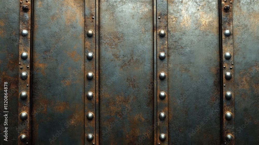 Fototapeta premium Rusty steel plate background with rivets and textured surface for industrial design or vintage themes