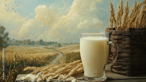 Fresh glass of milk with wheat accents against a serene countryside landscape capturing nature's bounty and agricultural richness photo