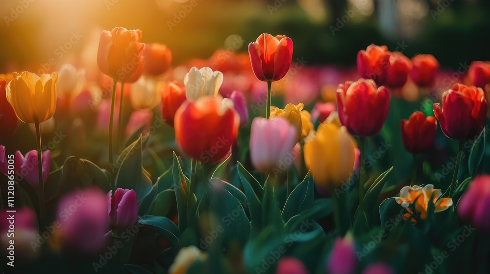 Obraz premium Vibrant multicolored tulips blooming in a picturesque park during springtime sunlight.