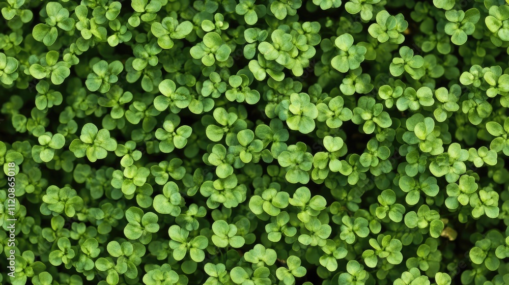 Fototapeta premium Top view of vibrant green small plant leaves forming a lush, textured background for nature and gardening themes.