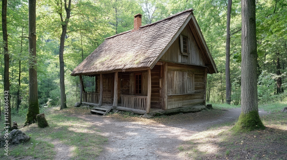 Charming rustic wooden cabin nestled in lush green forest surrounded by tall trees inviting tranquility and adventure in nature.