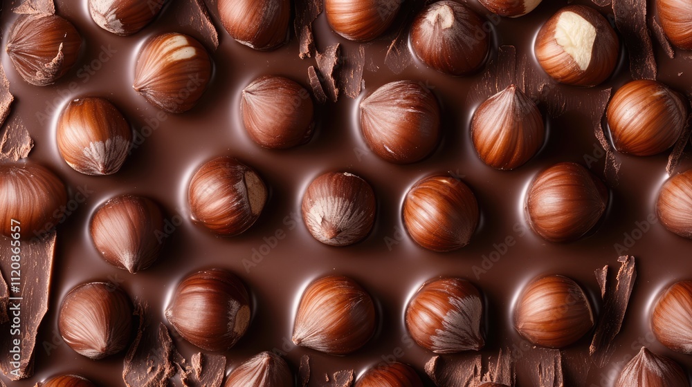 Milk chocolate bar with hazelnuts arranged on a rich chocolate background showcasing a delicious confectionery treat.