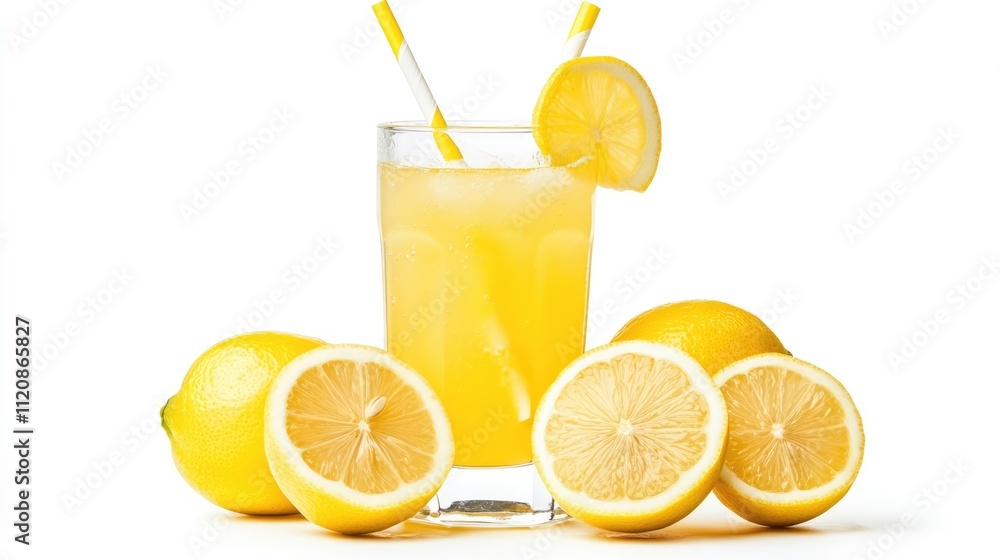 Refreshing lemonade in a glass with straw garnished with lemon slices and whole lemons on a bright white background. Refreshing lemonade in a glass with straw garnished with lemon slices and whole lemons on a bright white background.
