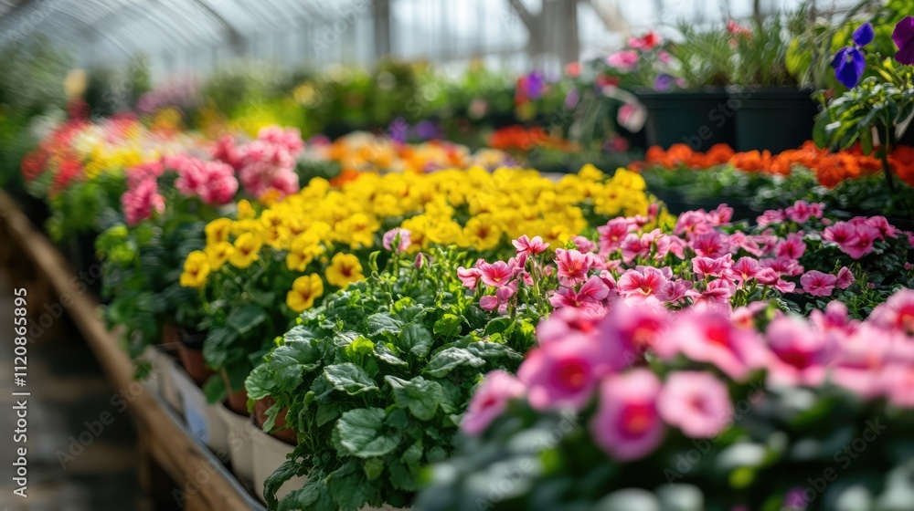 Fototapeta premium Vibrant ornamental plants and flowers flourish in a hydroponic nursery showcasing advanced gardening techniques and industrial horticulture practices