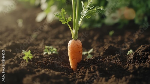 Business card mockup featuring organic carrot above freshly turned garden soil, emphasizing green foliage and the earthy environment, gardening, agriculture, organic produce, branding. photo