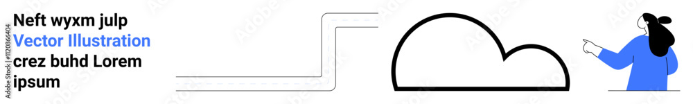 Woman with ponytail pointing to cloud shape, accompanied by text on left. Ideal for tech advertisement, educational content, presentations, tutorials, informational graphics, online courses, website Woman with ponytail pointing to cloud shape, accompanied by text on left. Ideal for tech advertisement, educational content, presentations, tutorials, informational graphics, online courses, website