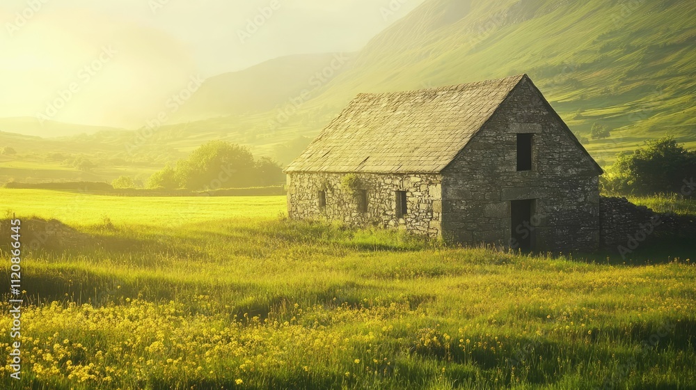 Old stone barn surrounded by lush greenery in the radiant sunshine of the picturesque Irish countryside landscape. Old stone barn surrounded by lush greenery in the radiant sunshine of the picturesque Irish countryside landscape.