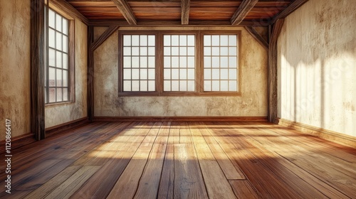 Spacious wooden room interior with old wooden flooring, large windows allowing natural light, perfect for interior design concepts, rustic charm, empty space, home decor.