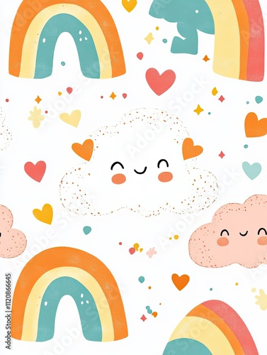 Cute cloud background illustration, Cute rainbow, clouds, hearts and love symbols. Valentine's day digital paper. Kids Pattern.