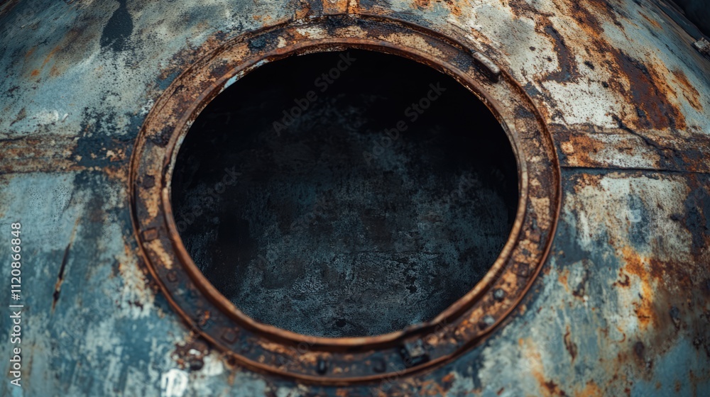 Opened rusty manhole on a weathered fuel tank shell, showing intricate details of corrosion and wear, industrial, confined space, maintenance inspection. Opened rusty manhole on a weathered fuel tank shell, showing intricate details of corrosion and wear, industrial, confined space, maintenance inspection.