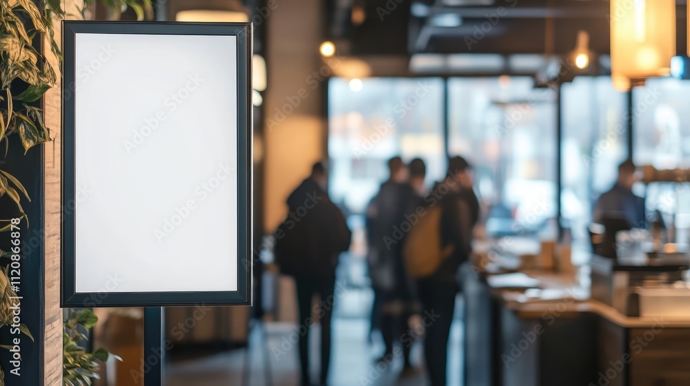Vertical blank signboard mockup in black frame at a cafe entrance with blurred customers in the background ideal for advertising space Vertical blank signboard mockup in black frame at a cafe entrance with blurred customers in the background ideal for advertising space