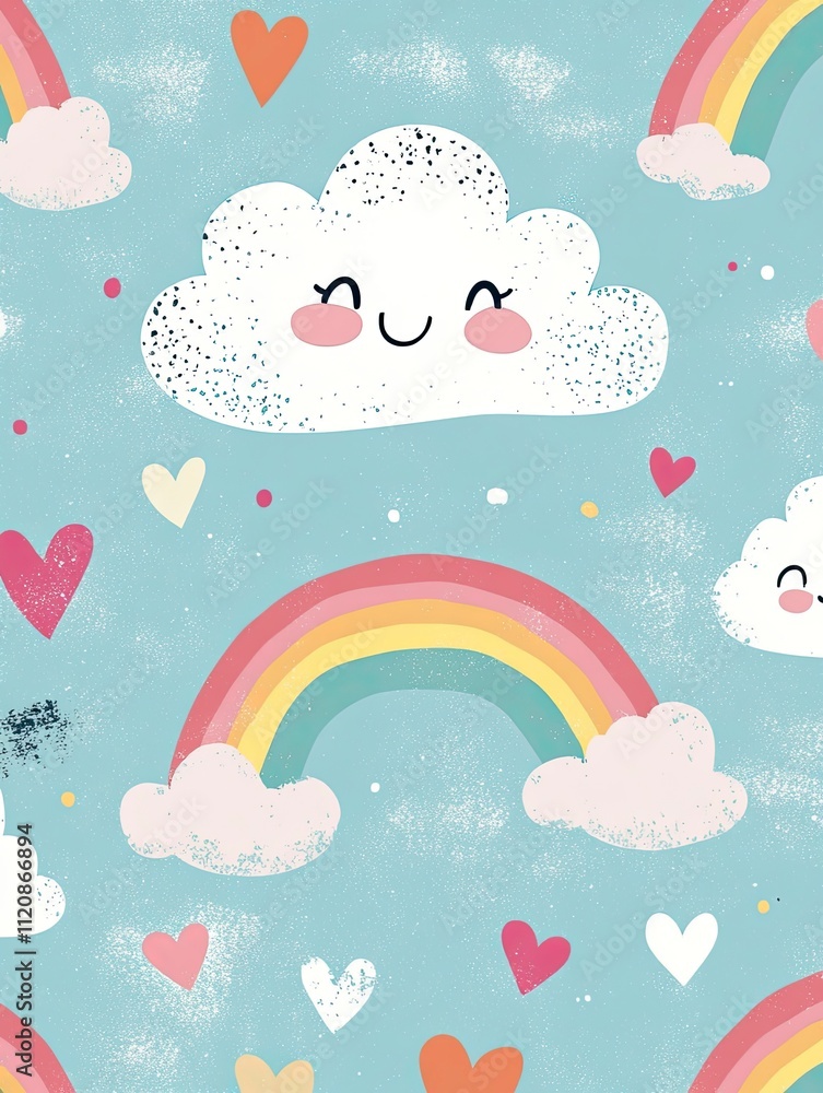 Cute cloud background illustration, Cute rainbow, clouds, hearts and love symbols. Valentine's day digital paper. Kids Pattern. Cute cloud background illustration, Cute rainbow, clouds, hearts and love symbols. Valentine's day digital paper. Kids Pattern.