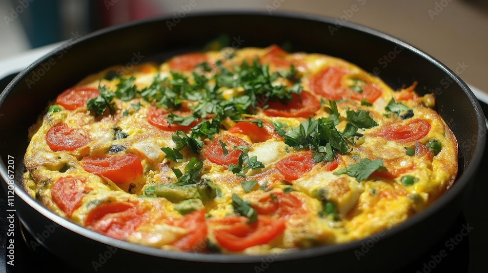 Colorful vegetable and cheese frittata with tomatoes and herbs in a cast-iron frying pan, ideal for breakfast or brunch, culinary, food photography, gourmet dish. Colorful vegetable and cheese frittata with tomatoes and herbs in a cast-iron frying pan, ideal for breakfast or brunch, culinary, food photography, gourmet dish.
