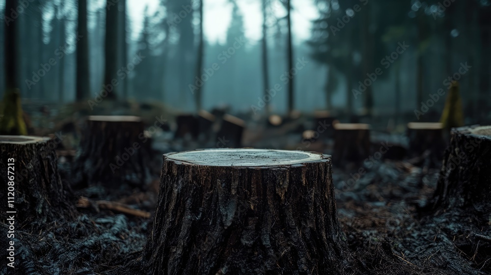 Tree stumps in a foggy forest creating a serene and natural atmosphere with dense trees and earthy tones in the background. Tree stumps in a foggy forest creating a serene and natural atmosphere with dense trees and earthy tones in the background.