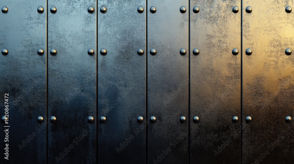 Fototapeta premium Textured metallic surface with rivets and gradient hues, suitable for backgrounds or industrial-themed designs.