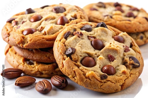 Macro Photo: Delicious Chocolate Chip Almond Cookies, Isolated Background, High-Resolution Image, Food Photography, Bakery, Dessert