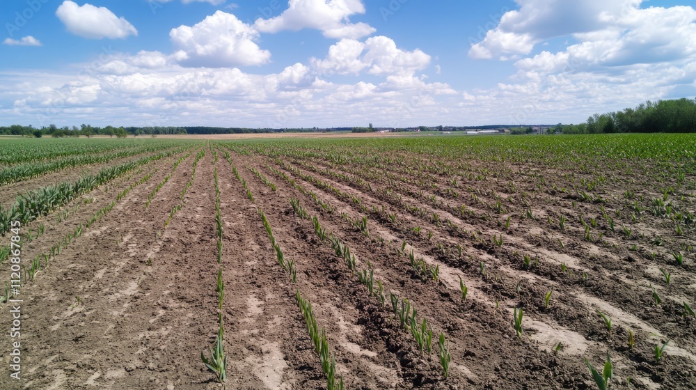 Expansive field of young wheat sprouts under a bright blue sky with fluffy clouds showcasing agricultural growth and sustainability in farming. Expansive field of young wheat sprouts under a bright blue sky with fluffy clouds showcasing agricultural growth and sustainability in farming.