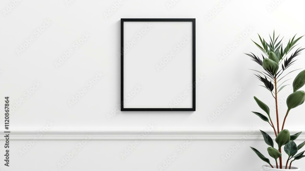 Modern Minimalist Wall Art Mockup with Black Frame and Green Plant for Interior Design Modern Minimalist Wall Art Mockup with Black Frame and Green Plant for Interior Design