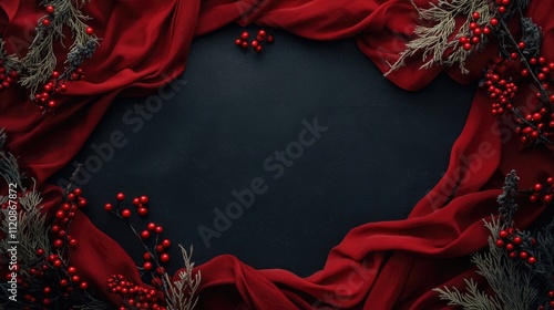 Elegant New Year winter frame with red cloth and festive decorations on a dark background for holiday themed compositions photo