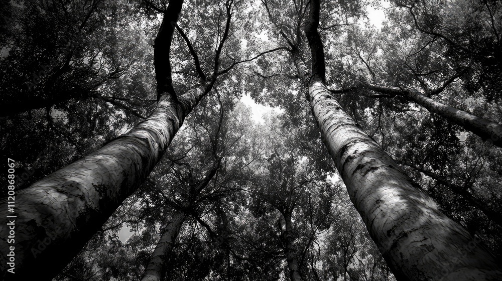 Fototapeta premium Majestic low angle view of towering trees in a dense black and white forest canopy showcasing nature's vertical beauty