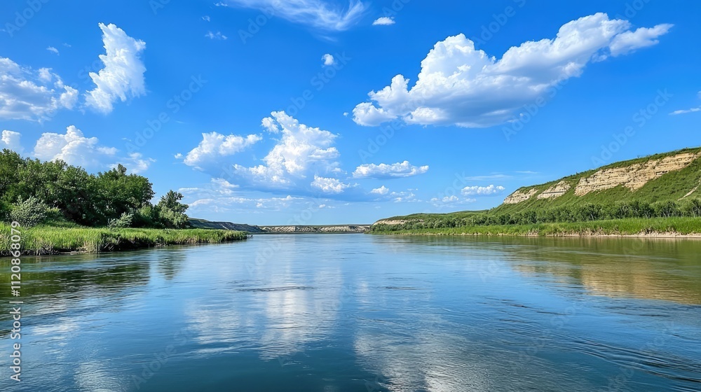 Serene river landscape with lush green banks under a vibrant blue sky dotted with fluffy clouds reflecting on tranquil waters Serene river landscape with lush green banks under a vibrant blue sky dotted with fluffy clouds reflecting on tranquil waters
