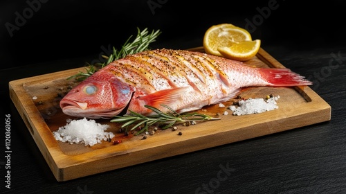 Fresh whole dorada fish garnished with rosemary, pepper, and salt, resting on a wooden cutting board, accompanied by lemon slices, culinary, gourmet, seafood, dark background. photo