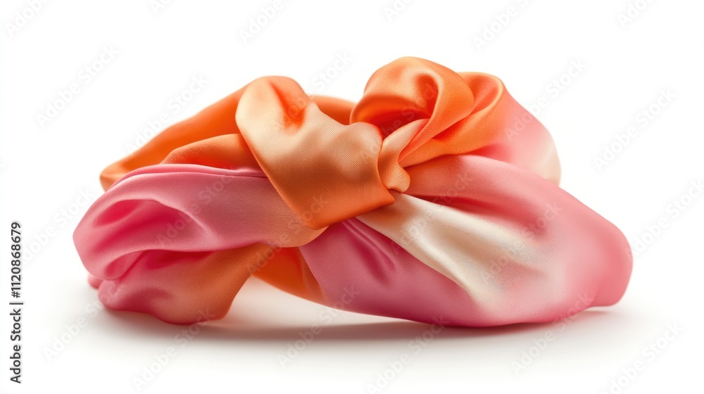 Elegant silk pink and orange headband satin turban beautifully draped on a white background showcasing luxurious fabric and design. Elegant silk pink and orange headband satin turban beautifully draped on a white background showcasing luxurious fabric and design.