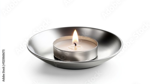 Round floating candle in an aluminum holder on a white background creating a serene and calming ambiance perfect for relaxation settings.