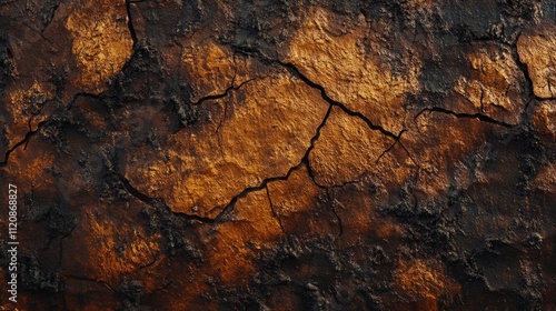 Weathered tire texture with deep cracks and an earthy color palette showcasing age and decay for backgrounds or design elements. photo