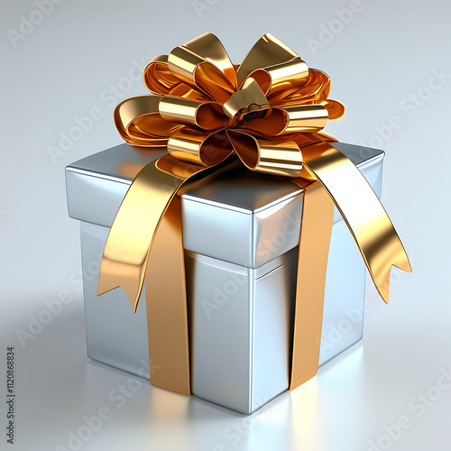 shiny silver gift box adorned with luxurious gold ribbon and bow, perfect for celebrations and special occasions