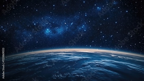 Majestic night sky filled with stars and constellations above a serene view of Earth from space. photo