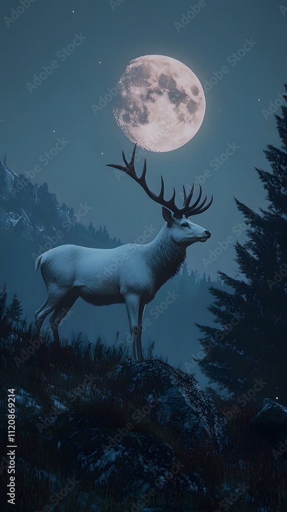 A majestic white deer with perfect antlers, on the mountain and the beautiful view of the full moon at night A majestic white deer with perfect antlers, on the mountain and the beautiful view of the full moon at night