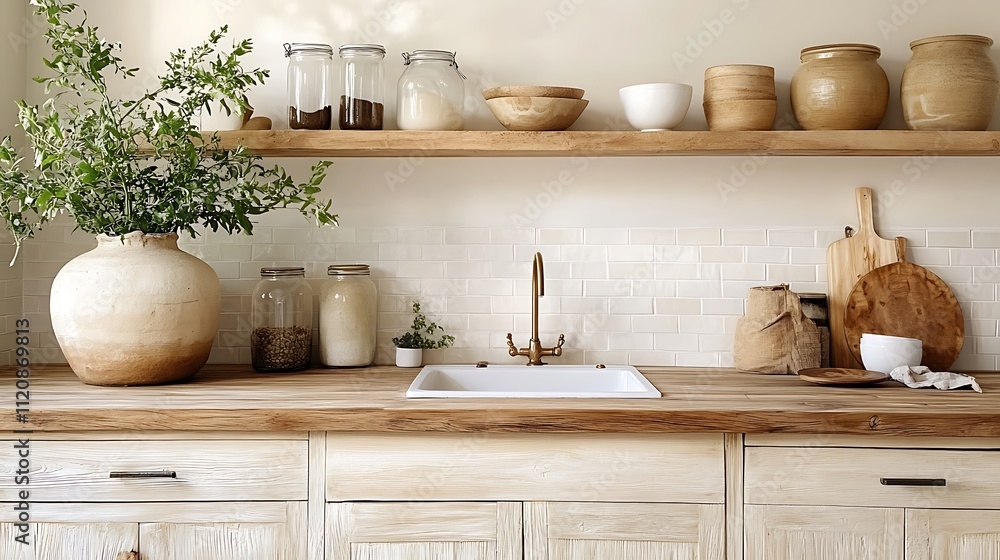 A warm and inviting farmhouse kitchen showcasing butcher block countertops, rustic wood shelves lined with greenery and jars, a clean subway tile backsplash, and soft ambient lighting, hd quality, A warm and inviting farmhouse kitchen showcasing butcher block countertops, rustic wood shelves lined with greenery and jars, a clean subway tile backsplash, and soft ambient lighting, hd quality,