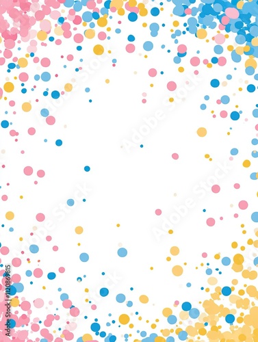 Light blue, pink and yellow round border on white. Vector childish frame background, kids party birthday celebration card.