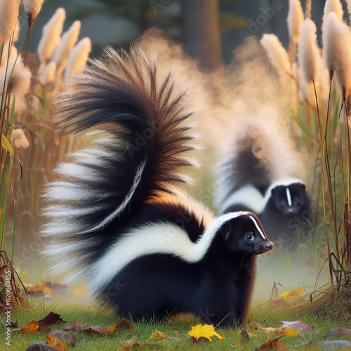 3 Skunks marking their territory with scent their tail raised hi photo